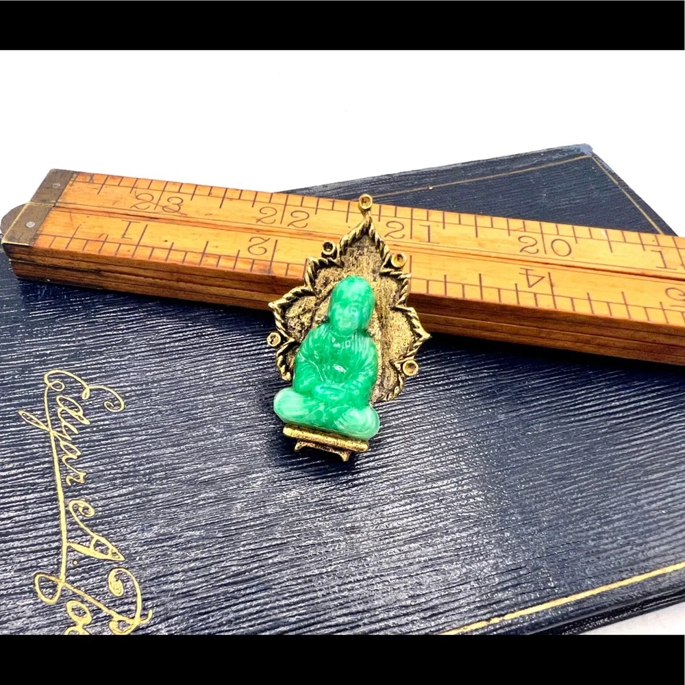 Vintage AMBASSADOR signed Buddha brooch green faux jade